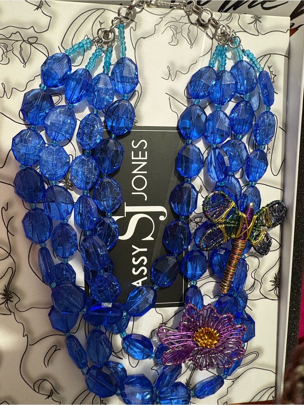 Sassy Jones Blue Beaded Multi-Strand Necklace with Flower & Dragonfly Charms